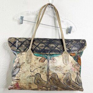 Jane Yoo Handpainted Large Purse Birds 12x18" -Pockets-All Zippers Work GUC